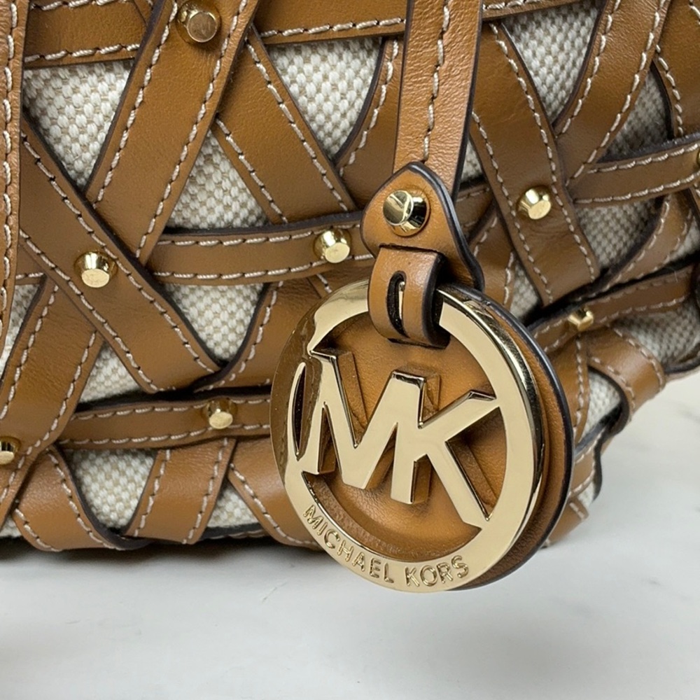 Michael‎ Kors Brooklyn Brown Gold Studded Woven Leather Canvas Shoulder Bag - Picture 3 of 16